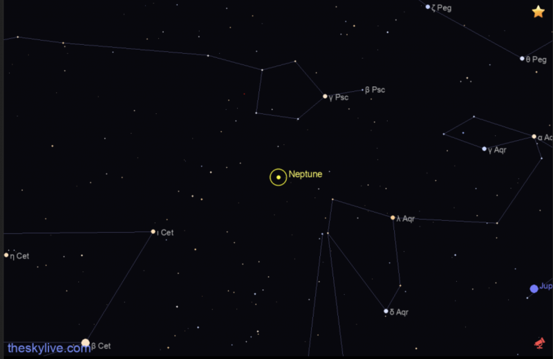 Star chart showing position of Neptune in front of the stars on August 7, 2021.
