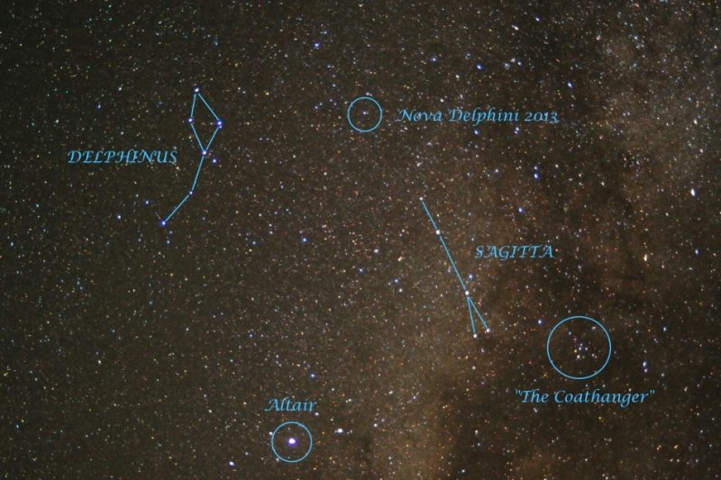 Star field with labeled objects, and small bright dot circled in blue and labeled Nova.
