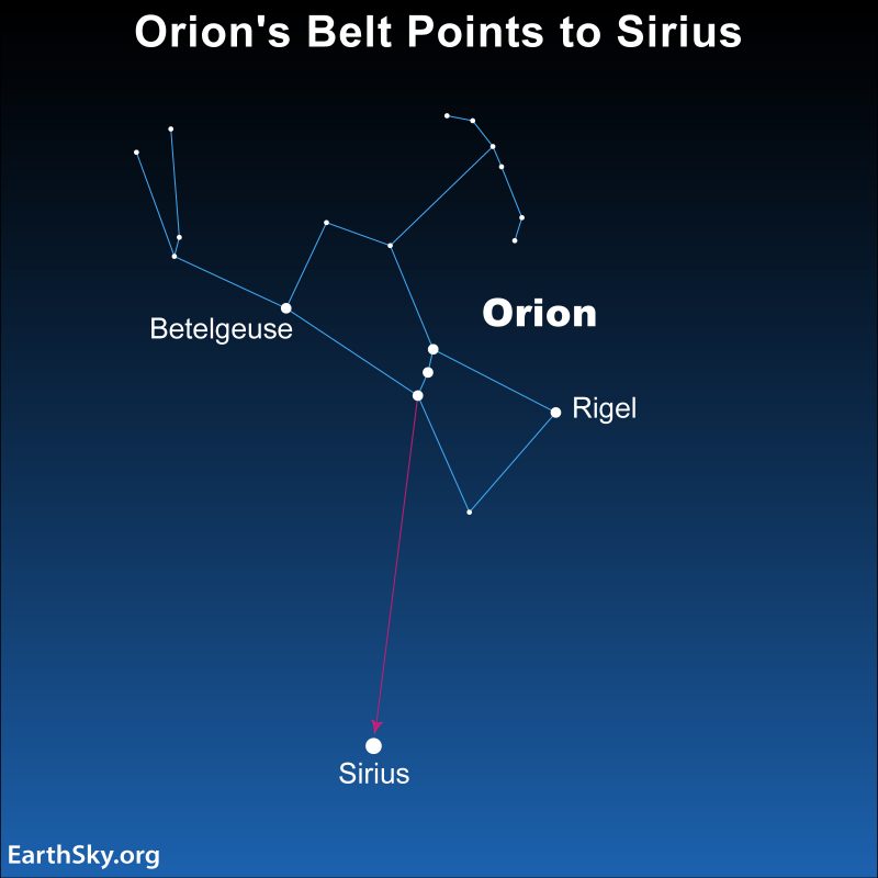 Star chart of Orion - that looks like an hourglass with arms - and a line following Orion's Belt to Sirius.