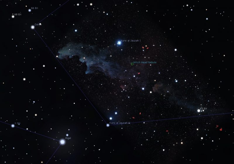 Witch Head Nebula facing down with Rigel at bottom of chart.
