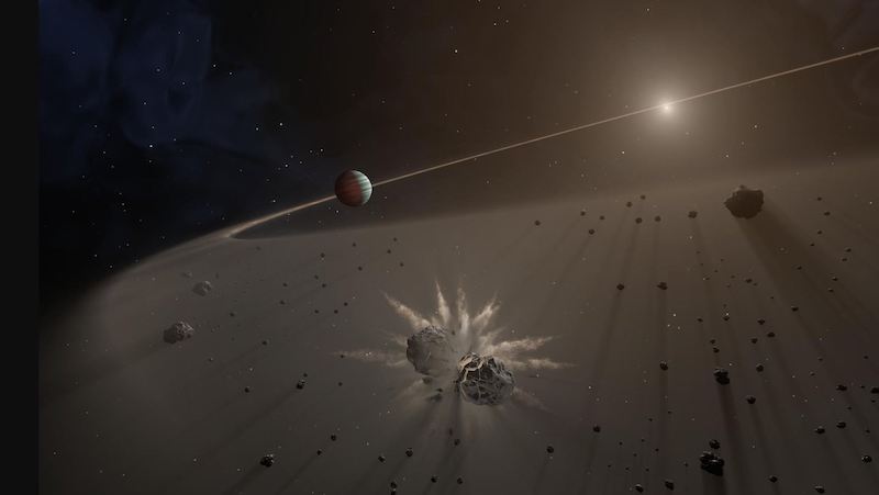 Missing impact debris: Two rocks in space violently colliding and small, bright sun in distance.