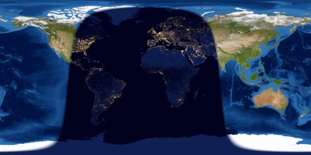 Worldwide map of day and night sides of Earth with night covering area from half of North America to east of Europe.