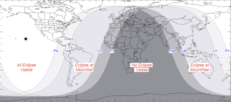 Partial lunar eclipse: World map with arc-like lines dividing gray areas from white area centered over Pacific Ocean.