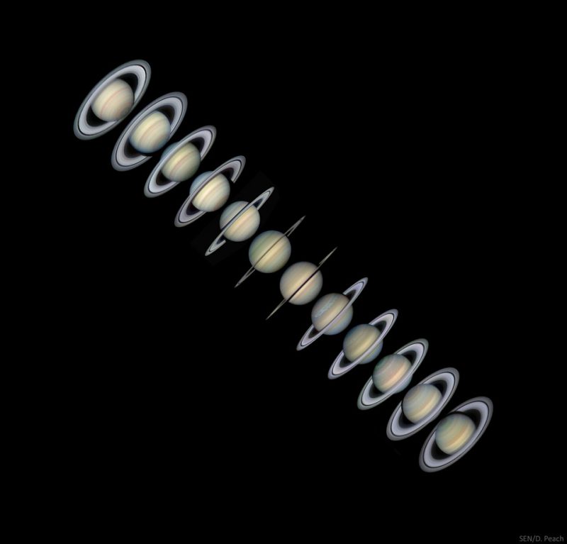 12 views of Saturn with rings wide, narrow, edge-on, and then widening again..