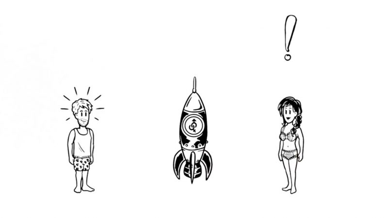 Cartoon showing a scantily clad man and woman, and a rocket.