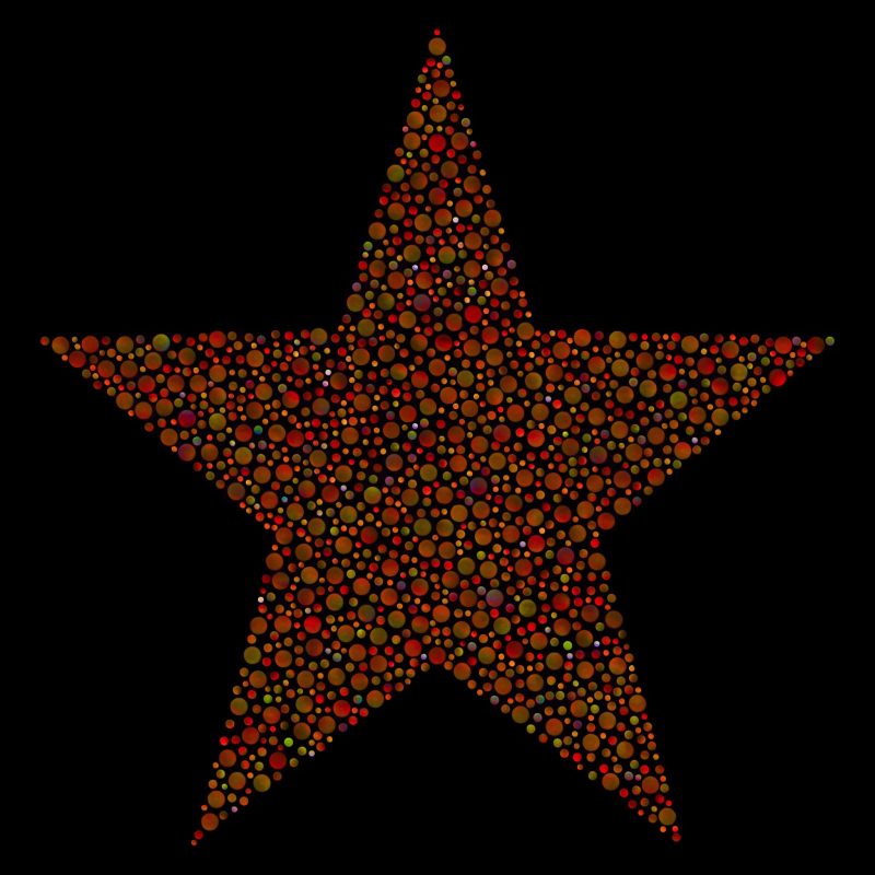 Five pointed star filled with circles with varying shades of orange, red and green.