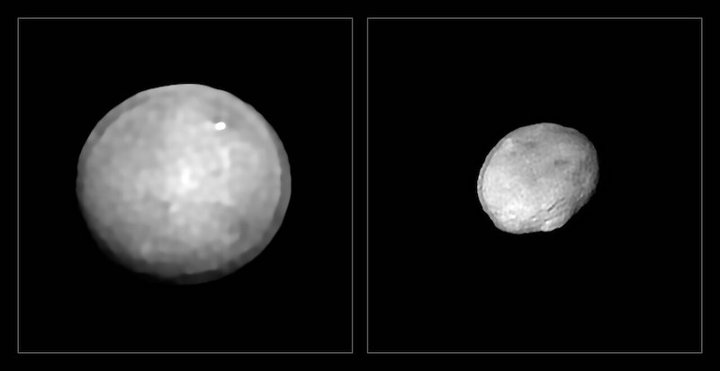 Round gray object on left and oval gray object on right, on black background.