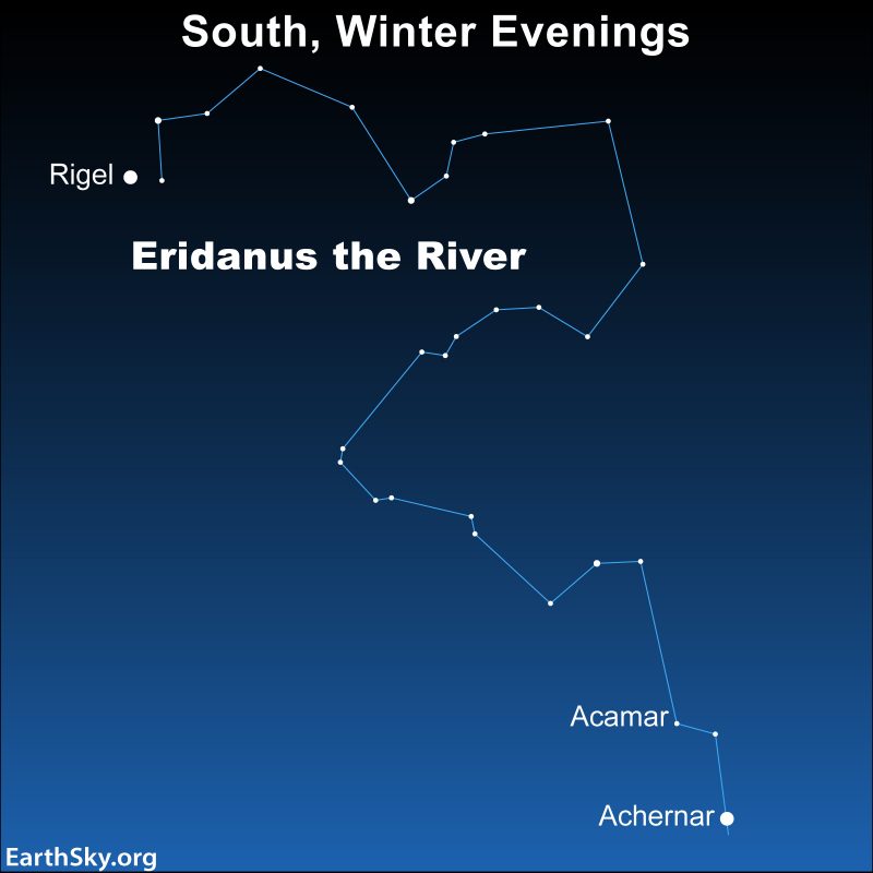 Sky chart showing the constellation Eridanus and its bright star Achernar.