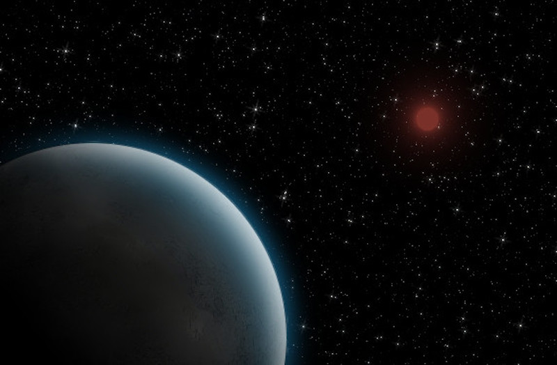 Large featureless planet with dim reddish sun and other stars in background.