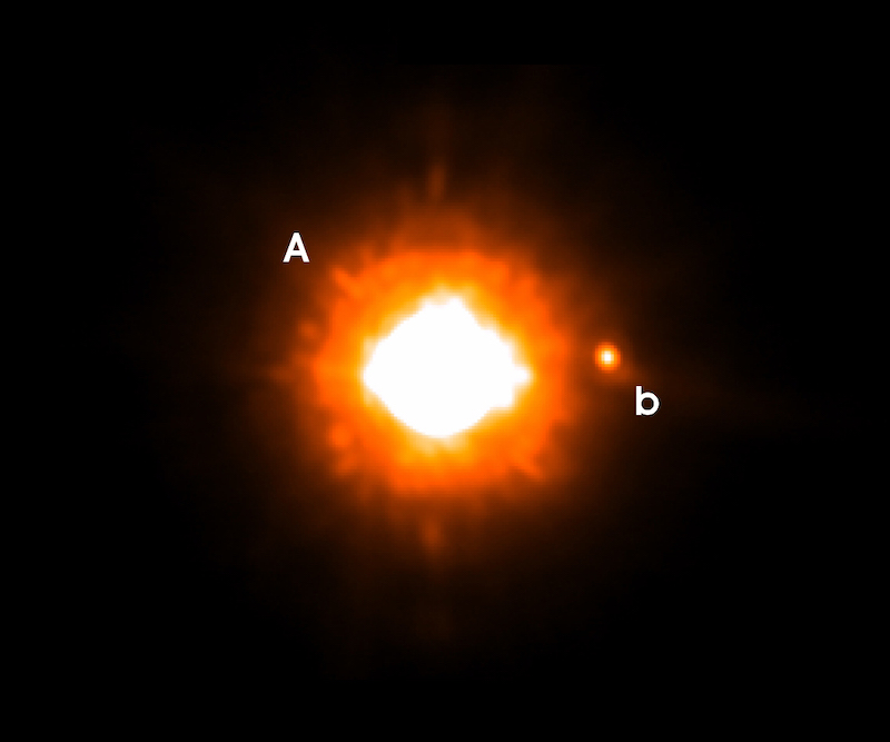 Bright star surrounded by orange glow labeled A, and much smaller companion, b.