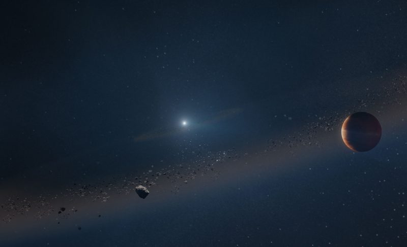 Dim white light at center, large sphere and irregular rocks orbiting in foreground.