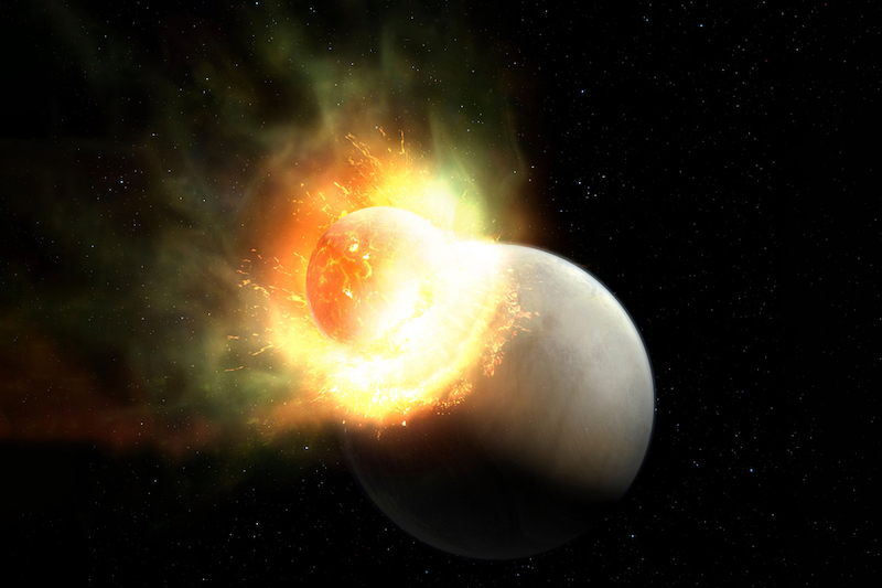 Exoplanet lost its atmosphere. Huge, bright explosion around a small sphere hitting a larger sphere.