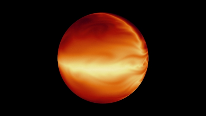 Planet with bright clouds and bands in its atmosphere, on black background.