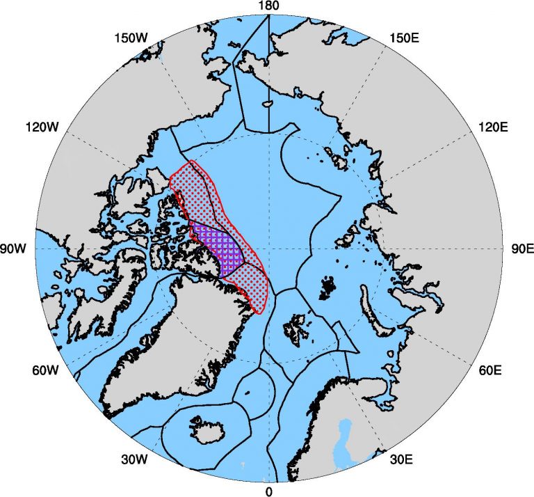 Diagram map of the Arctic with areas divided with red and black lines.