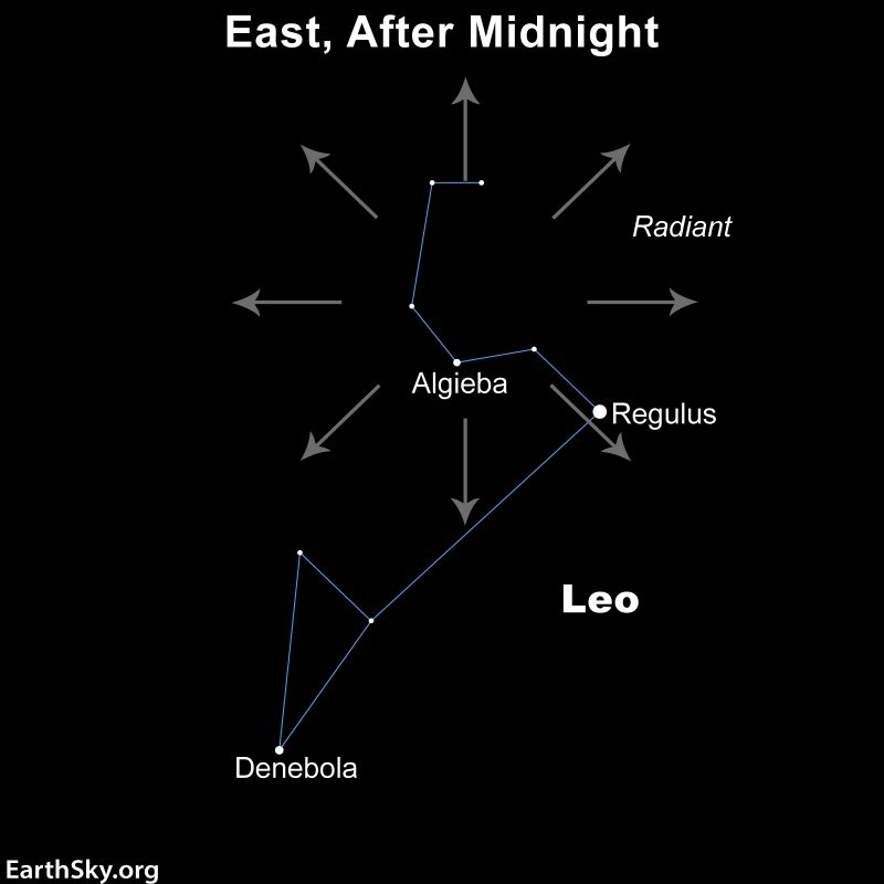 Star chart of constellation Leo with radial arrows indicating source of Leonid meteor shower.