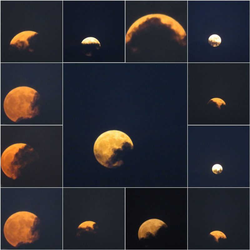 Collage of full moons with varying clouds in front.
