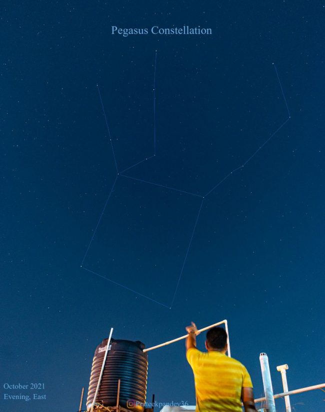 Night sky photo with lines between stars and a man pointing up at the constellation.