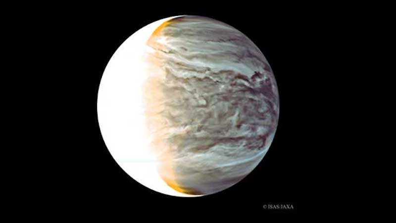 Photosynthesis in Venus' atmosphere: Planet with swirly bands in white and brown.