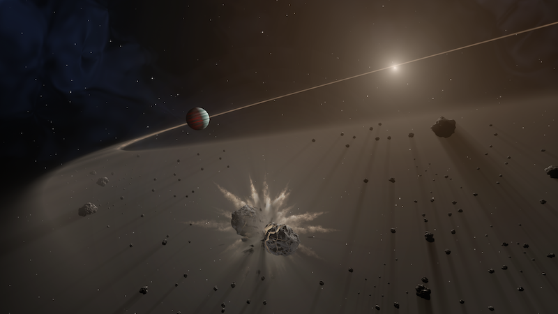 Colliding rocky objects and large planet casting shadows on a dusty disk around a star.