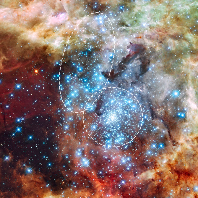 Many brilliant stars in two clusters within a nebula, or space cloud.