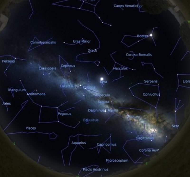 Star chart of night sky with constellations, Milky Way, and Vega overhead.