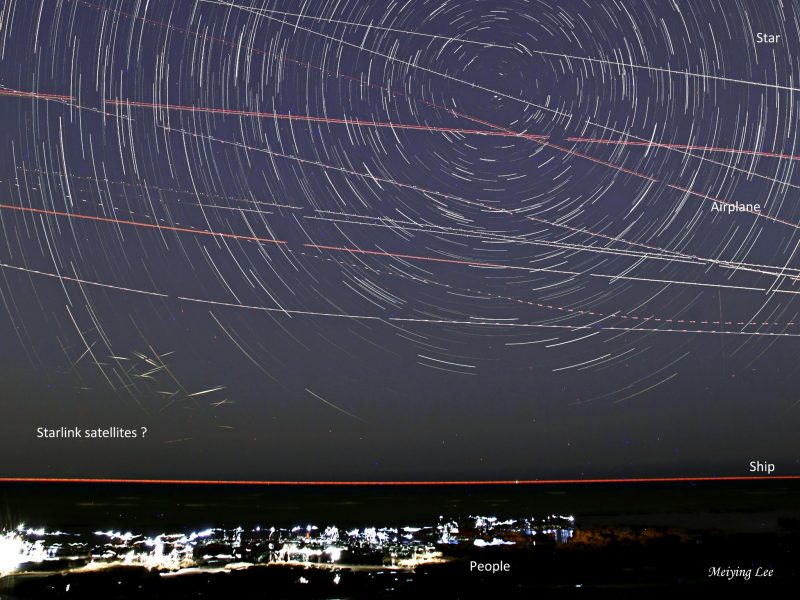 Round star trails with dotted streaks of airplanes plus a city below and starlink trails in corner.