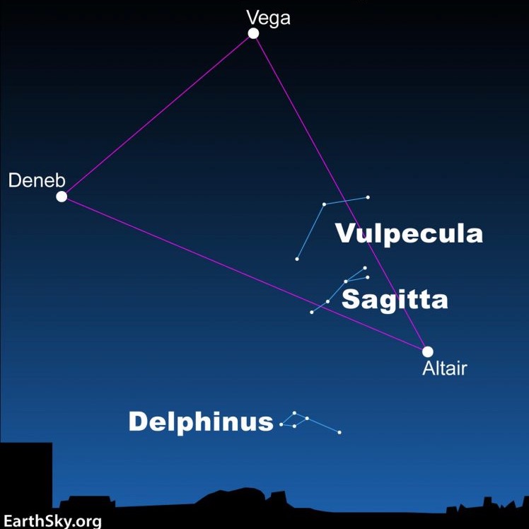 Summer Triangle outlined with its apex stars labeled and 3 small constellations near it.