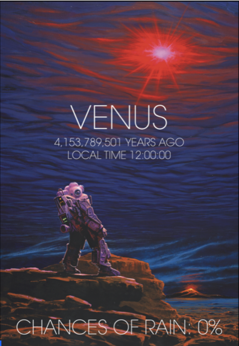 Venus never had oceans: Poster of astronaut on rocks looking up at sun coming through thick clouds.