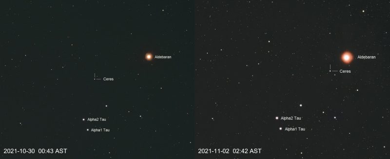 Side by side images of orangish Aldebaran and small dot getting closer.