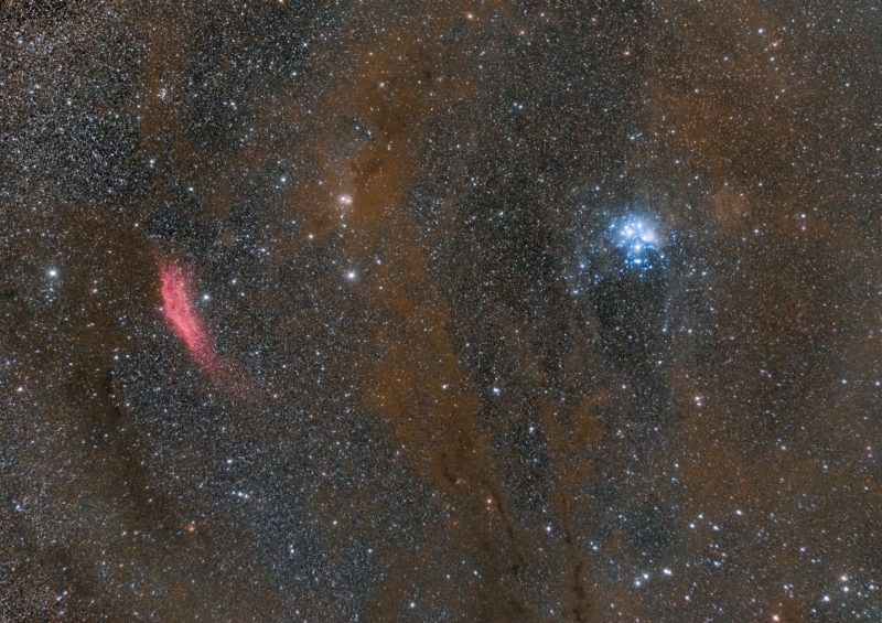 Very dense star field: on left, reddish glow shaped like California; on right, bluish Pleiades star cluster.