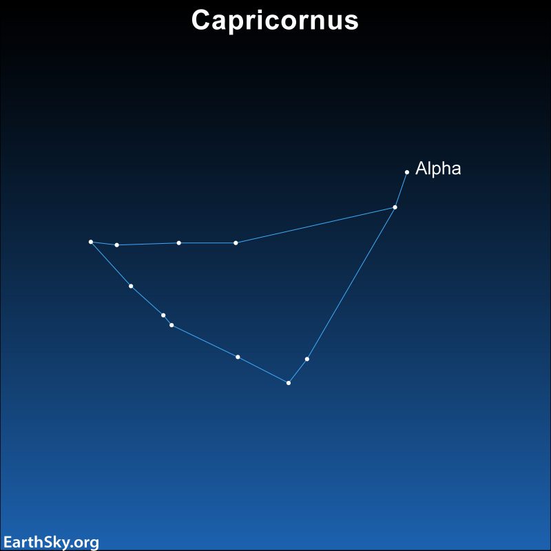 Star chart of triangle-shaped wedge of stars with star in upper right labeled Alpha.
