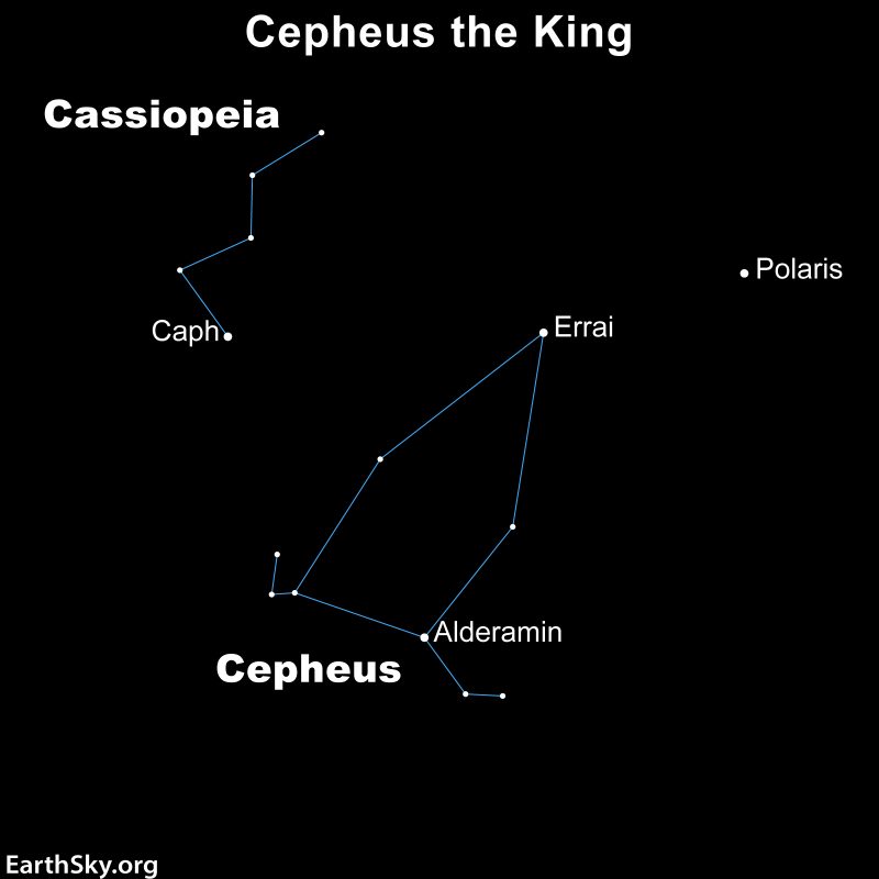 Star chart of constellations Cepheus and Cassiopeia with stars including Polaris labeled.