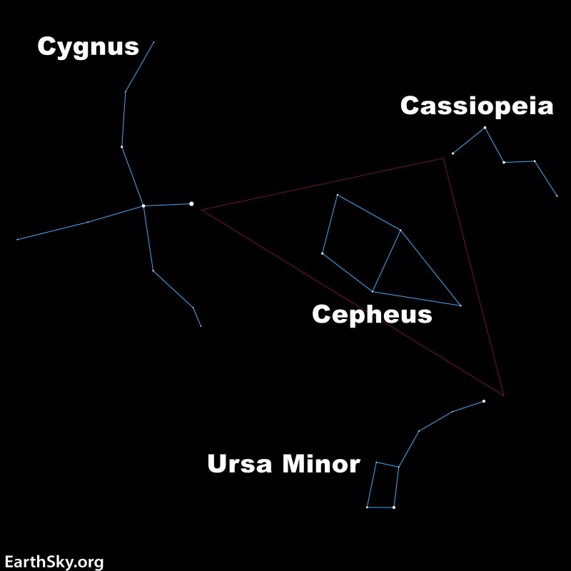 Star chart showing Cepheus inside a triangle formed by Ursa Minor, Cassiopeia and Cygnus.