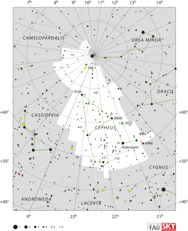 Star chart with stars in black on white, showing Cepheus and the names of its stars.