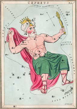 Antique colored etching of a crowned man with green and red Grecian garments and scattered stars.