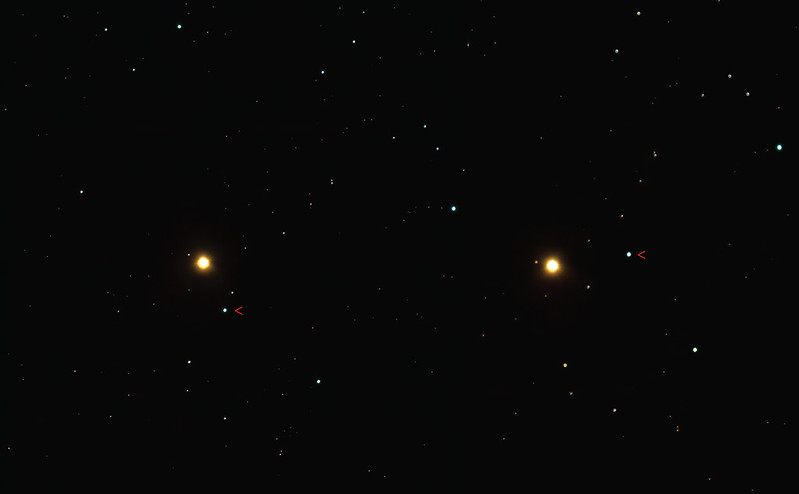 Side by side images of orange dots and red arrows pointing to Ceres moving.