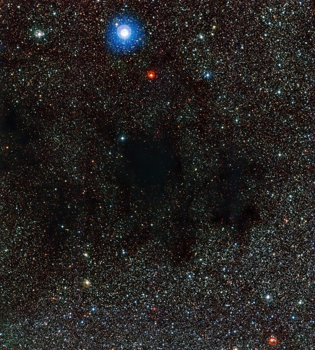 Dark nebulae: Dense starfield with large, blobby dark areas near bright blue and bright red stars.