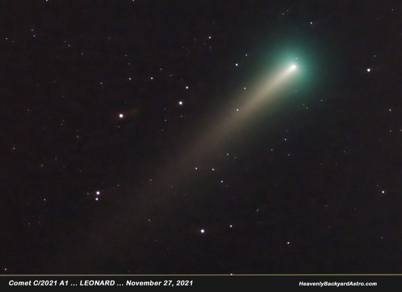 Comet Leonard: Green comet with small, oblong white core surrounded by fuzzy green, and a nice tail.