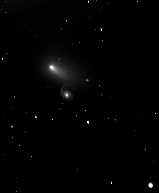 Elongated fuzzy comet close to a distant galaxy with distinct spiral arms.