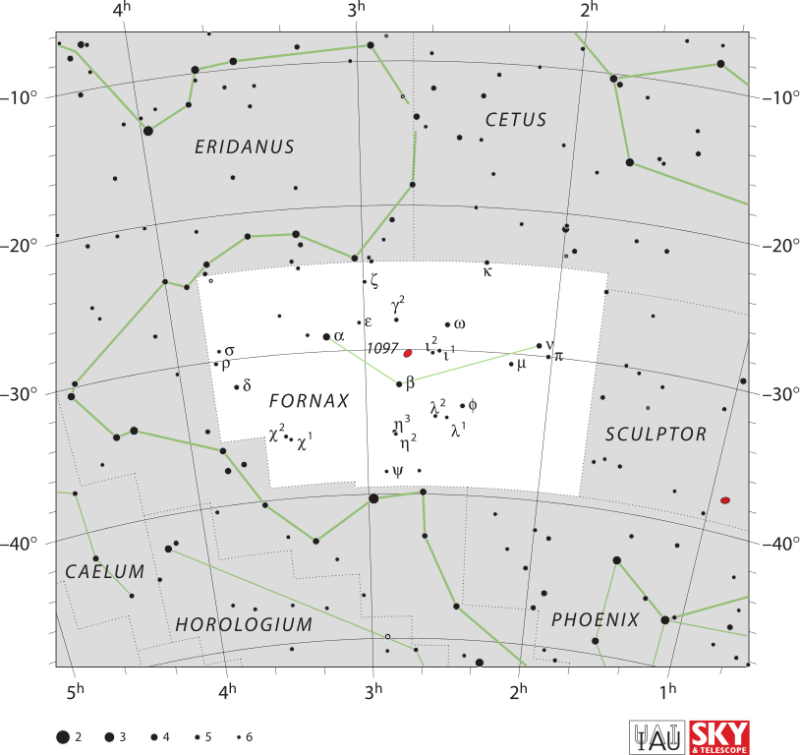 Fornax the Furnace Star chart showing brightest stars.