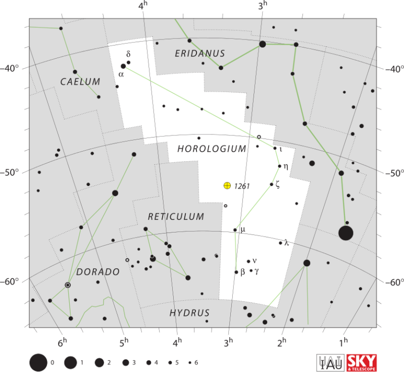 Sky chart showing Horologium and surrounding constellations in black on white.