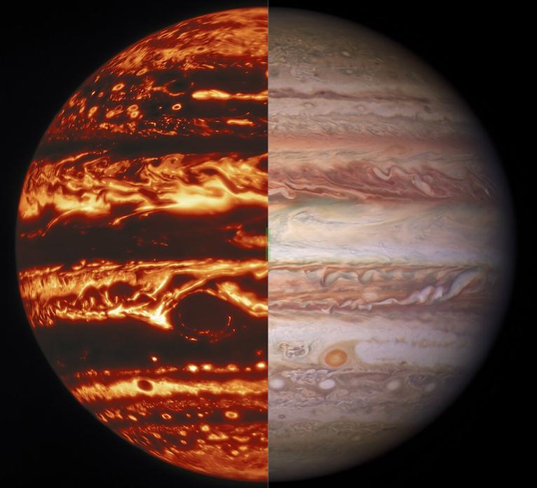 Jupiter, half with flame-colored bands and half with swirly pastel bands.