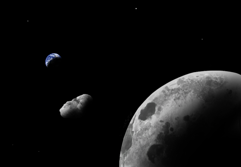 Closeup crescent moon and distant crescent Earth with irregular gray space rock floating between.