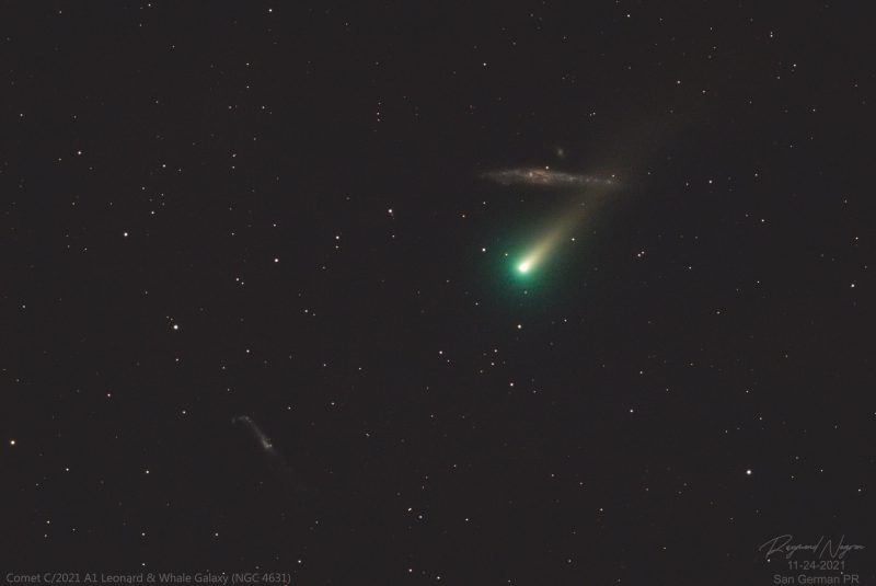 Bright green fuzzy comet with tail crossing longish smudge with bulge in the center.