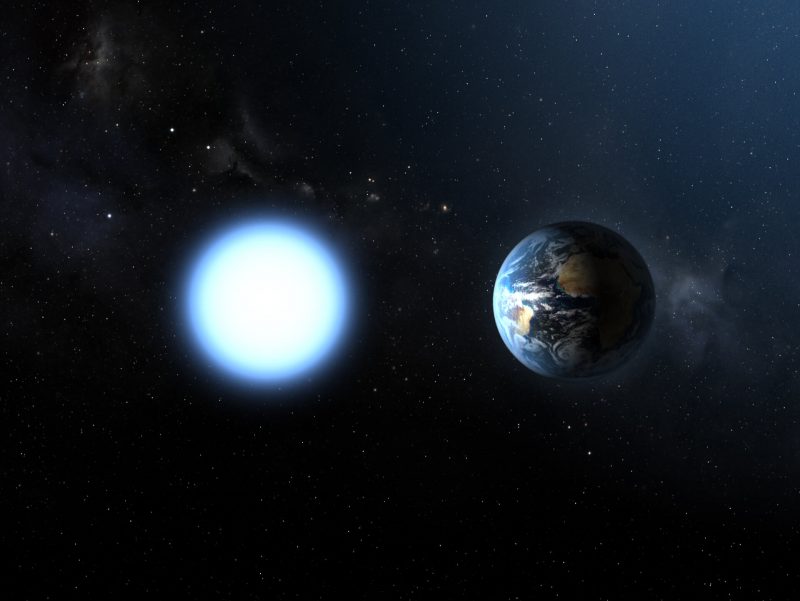 Bright white star and Earth, both about the same size, with stars in background.