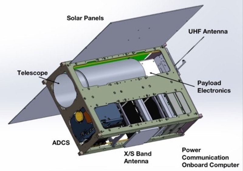 Drawing of box-like satellite with solar panels and parts labeled.