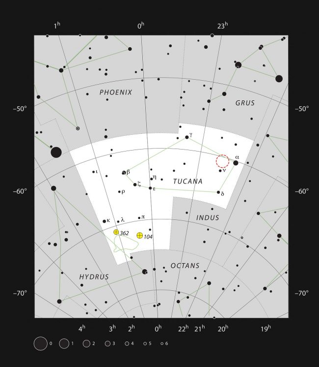 Star chart of Tucana in white. There are many black dots for stars and green lines for constellations around.