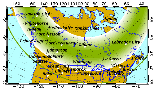 Map showing band of potential aurora activity extending into northern U.S.