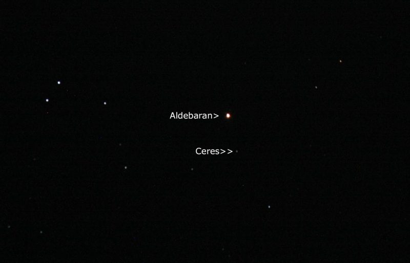 Orangish star Aldebaran marked with dot of Ceres nearby marked.