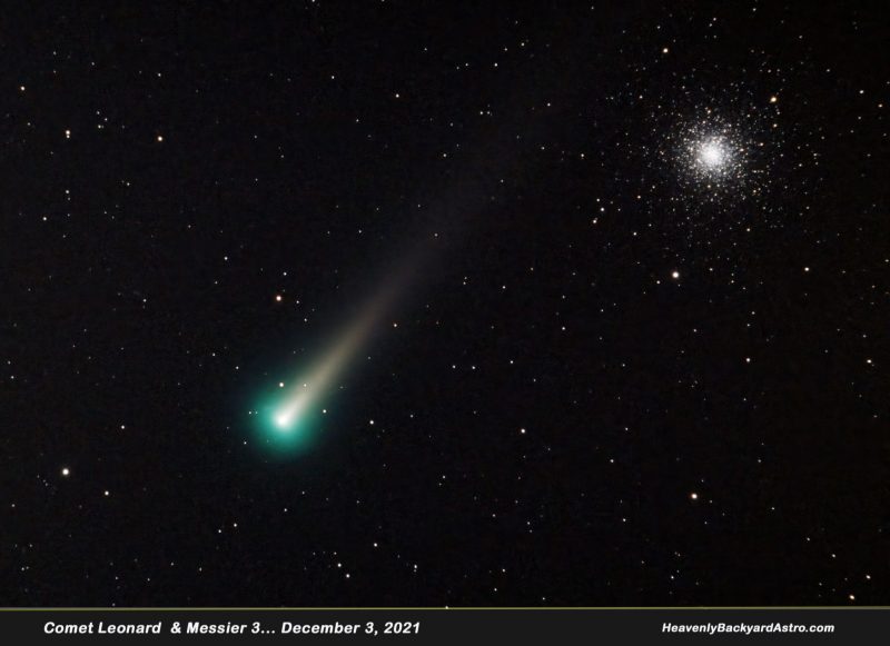 Cometa Leonard à esquerda e aglomerado estelar globular à direita.